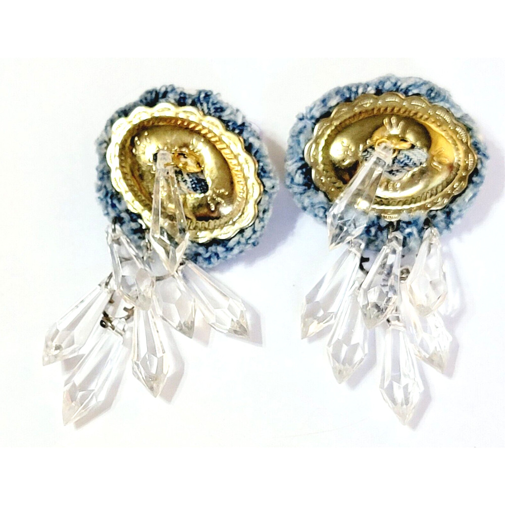 Vintage Kitschy‎ Dangle Pierced Earrings Denim Blue Gold-tone Concho 3.25” bp-47